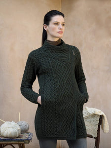 Aran Wool Sweaters for Women:  Long Side Zip Coat made from Merino Wool in Ireland. Buy online at Red Scarf Equestrian Canada