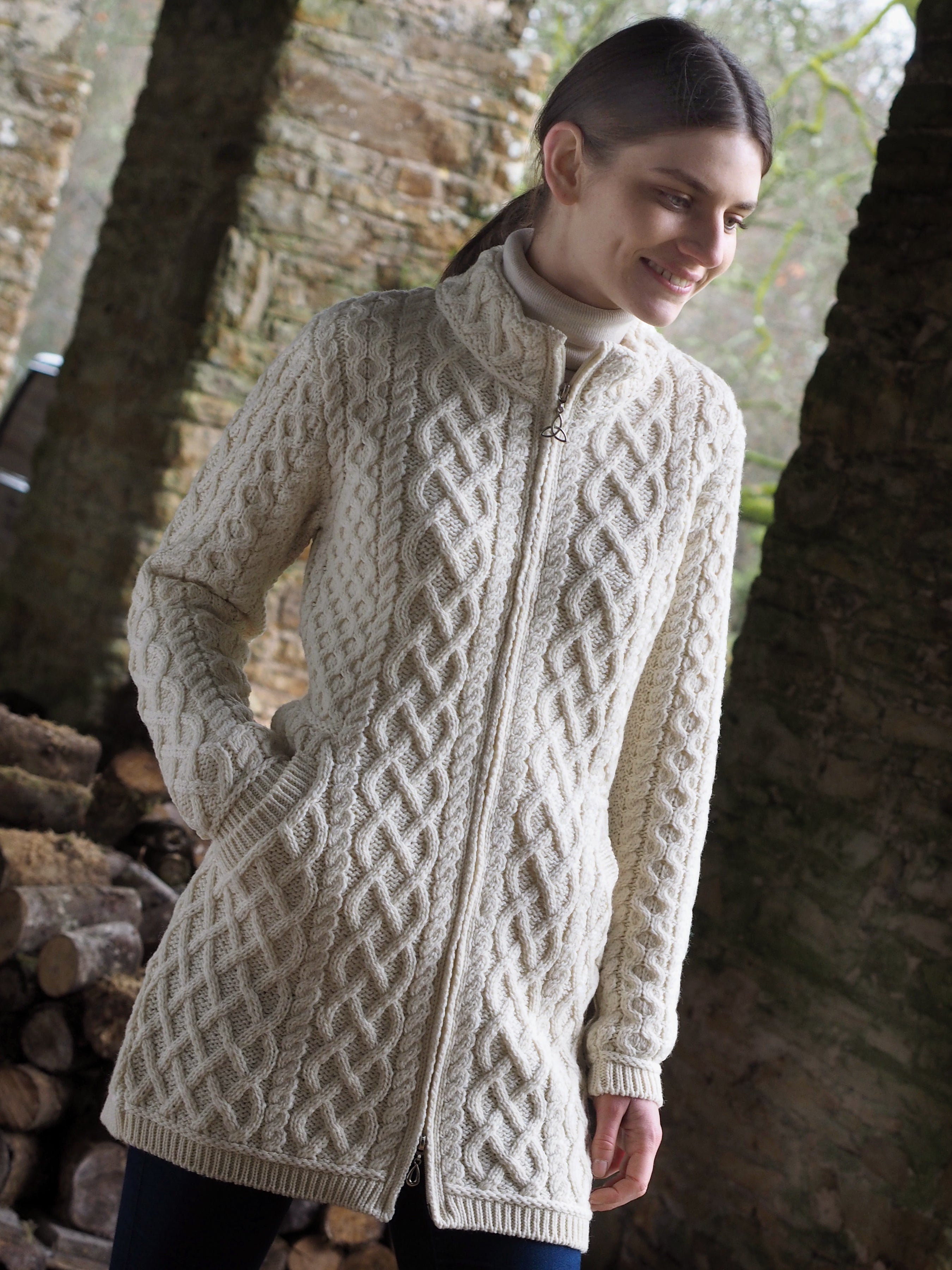  Aran Wool Sweaters for Women: Long Plated Zip Coat made from Merino Wool in Ireland. Buy online at Red Scarf Equestrian Canada