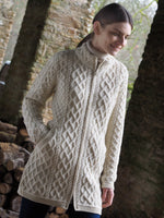 Load image into Gallery viewer,  Aran Wool Sweaters for Women: Long Plated Zip Coat made from Merino Wool in Ireland. Buy online at Red Scarf Equestrian Canada
