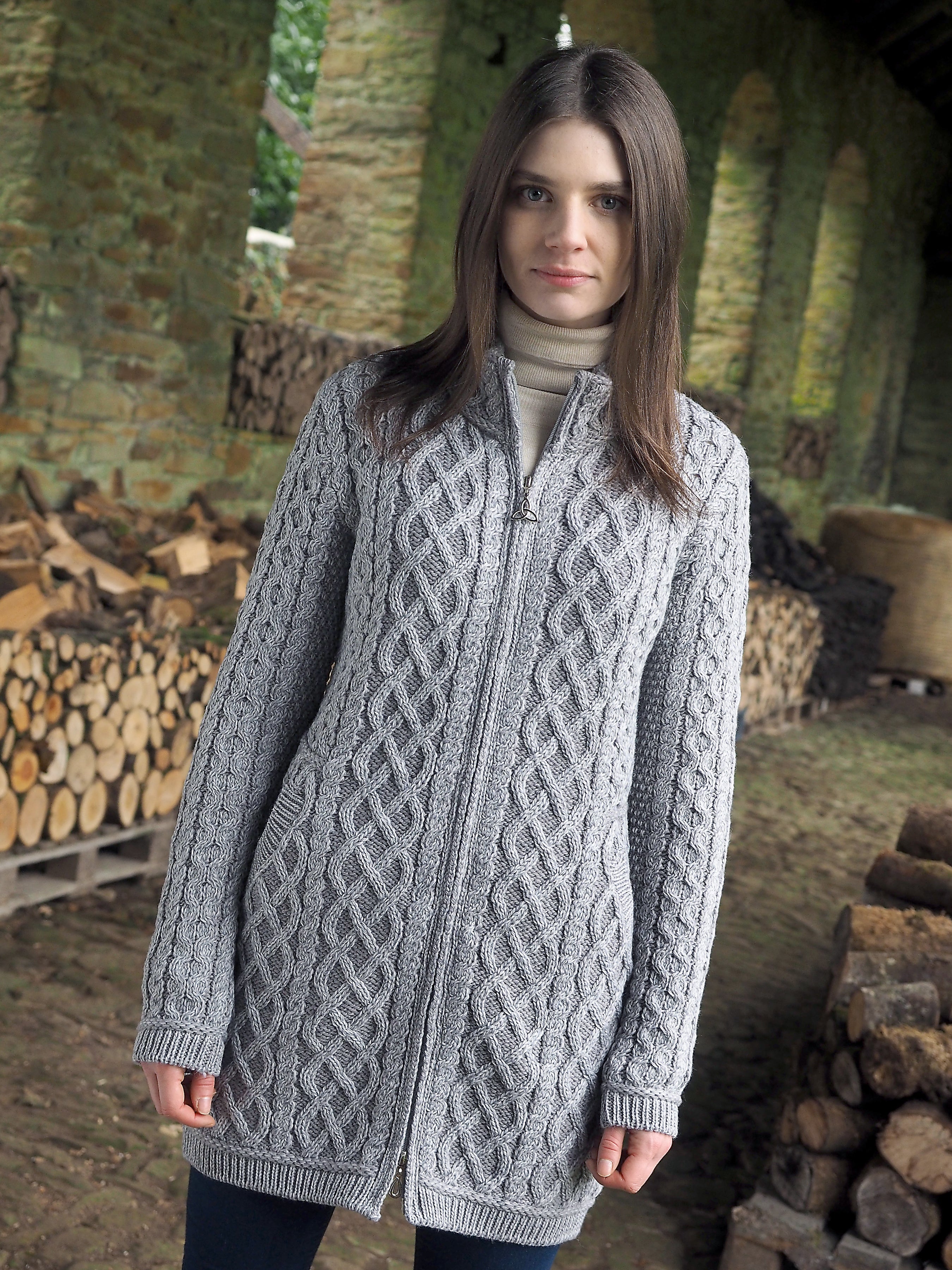  Aran Wool Sweaters for Women: Long Plated Zip Coat made from Merino Wool in Ireland. Buy online at Red Scarf Equestrian Canada
