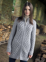 Load image into Gallery viewer,  Aran Wool Sweaters for Women: Long Plated Zip Coat made from Merino Wool in Ireland. Buy online at Red Scarf Equestrian Canada

