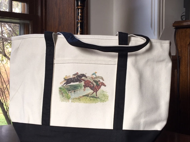 Off White Horse and Saddle Equestrian Canvas Tote Bag