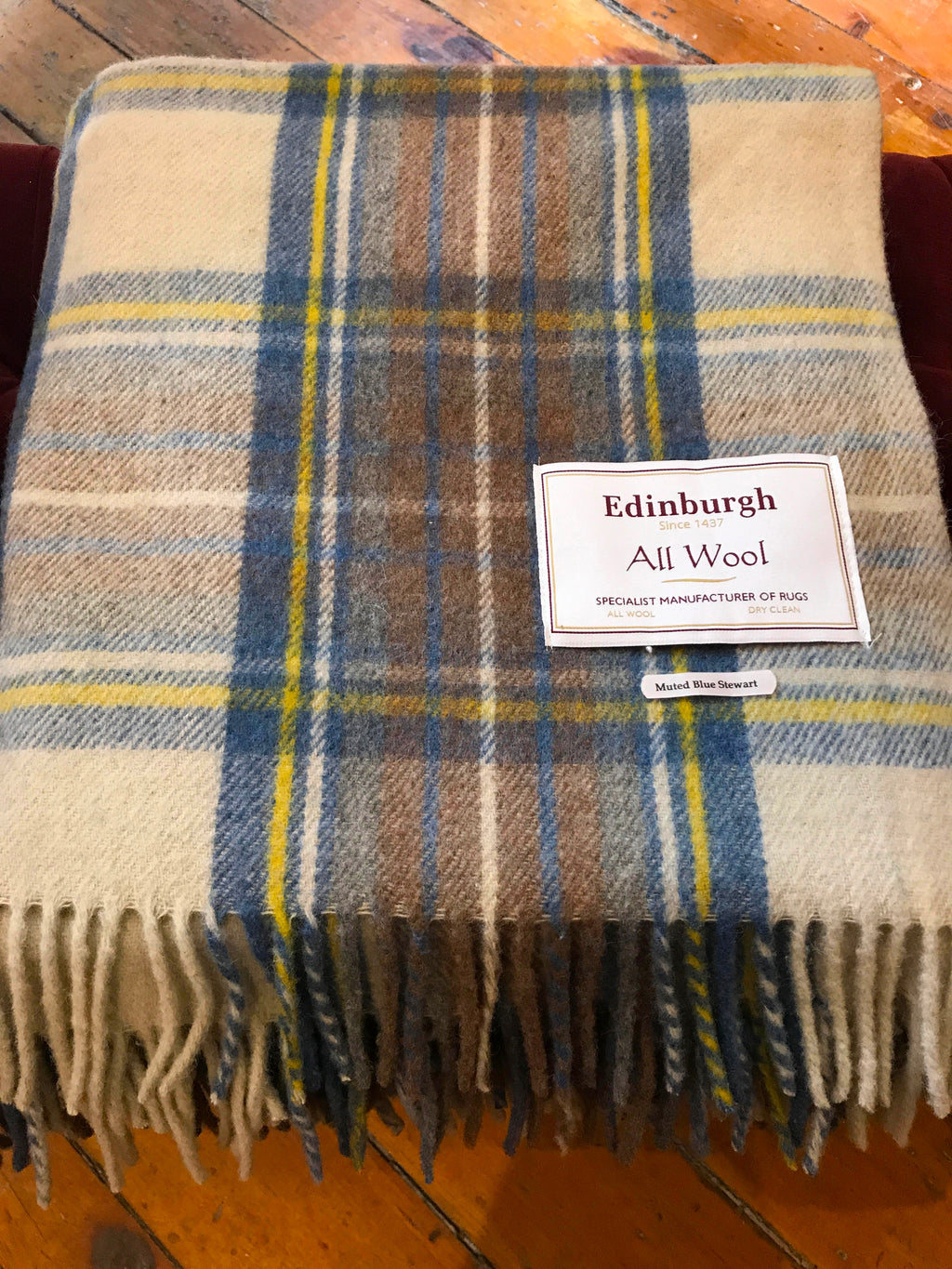 Scottish Tartan Wool Blanket in Muted Blue Stewart. Woven in the UK. Buy online at Red Scarf Equestrian Canada