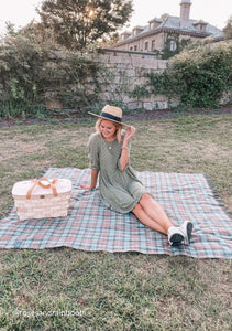 Recycled Wool Waterproof Picnic Blanket in Assorted Colours and Tartans and Leather Carrying Strap Set