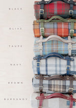 Load image into Gallery viewer, Recycled Wool Waterproof Picnic Blanket in Assorted Colours and Tartans and Leather Carrying Strap Set
