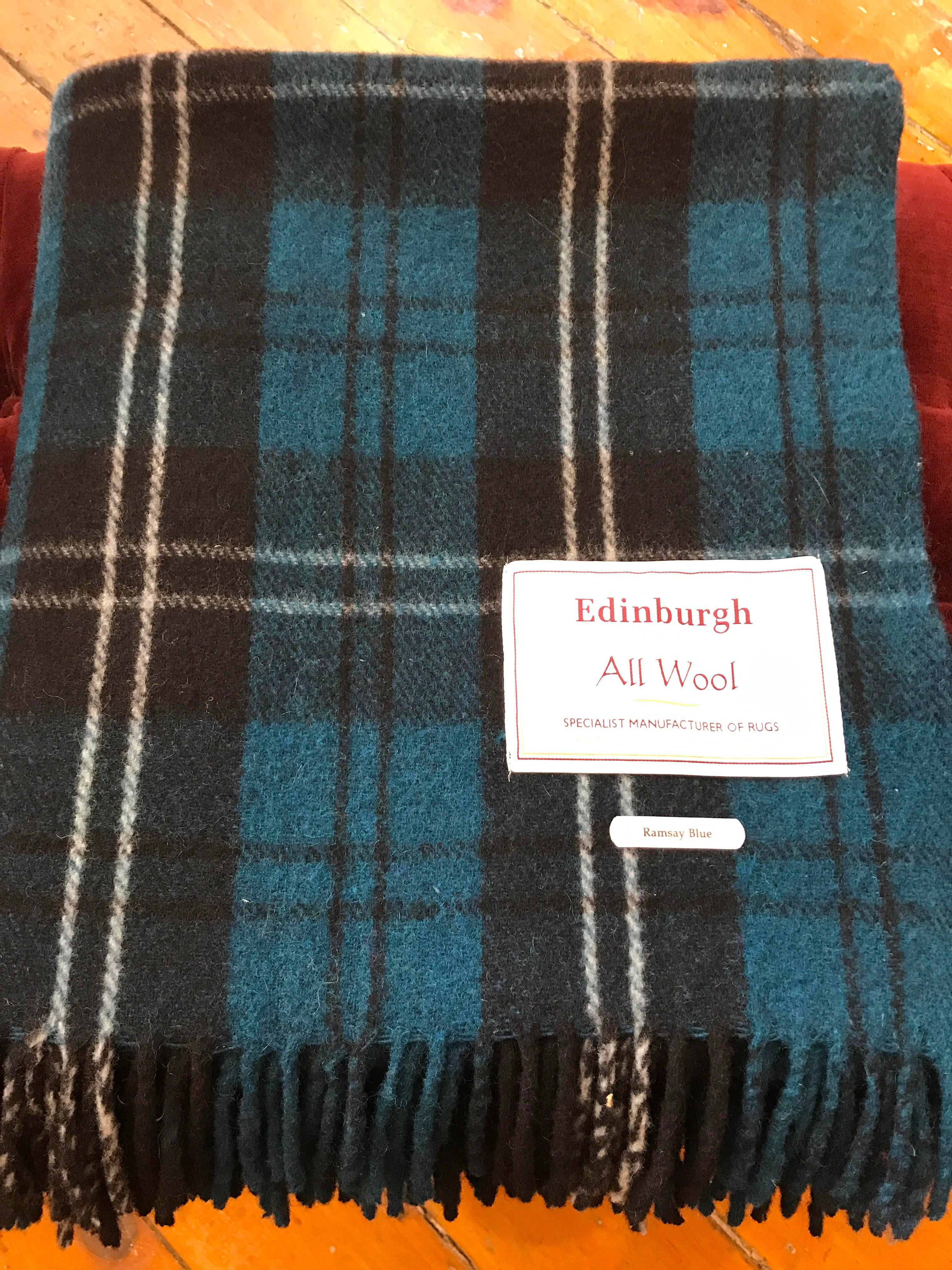 Tartan Wool Blanket in Ramsay Blue. Woven in the UK. Buy online at Red Scarf Equestrian Canada.
