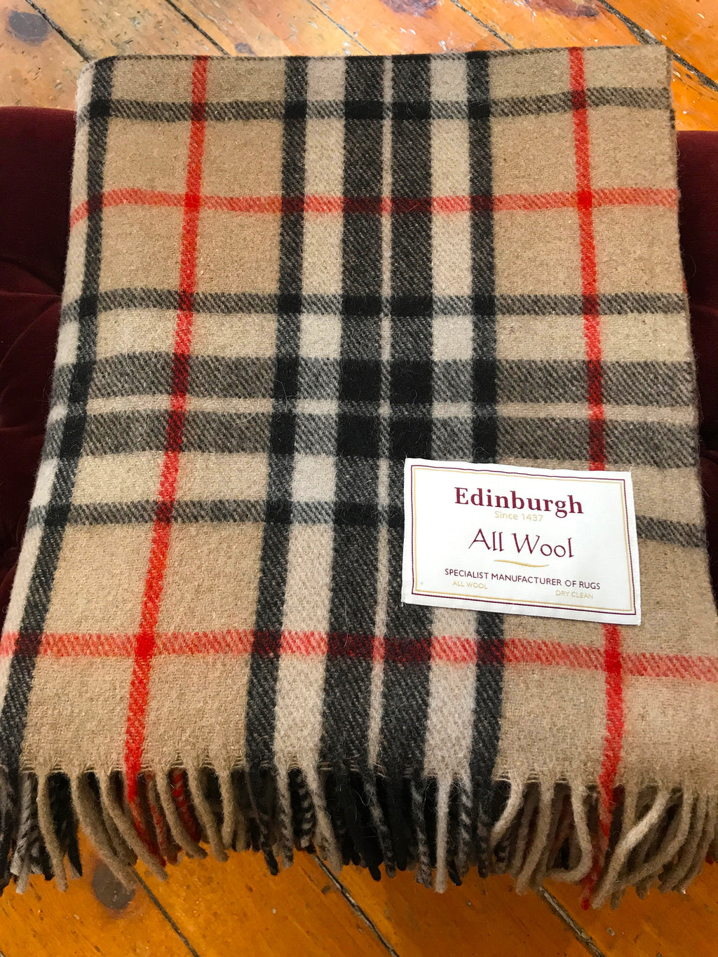 Tartan Wool Blanket in Thomson Camel. Woven in the UK. Buy online at Red Scarf Equestrian Canada