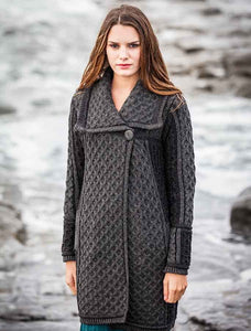 Irish Aran Wool Sweaters for Women made in Ireland: Two-Toned Single Button Plated Coat Sweater made from Merino Wool in Ireland. Buy online at Red Scarf Equestrian Canada