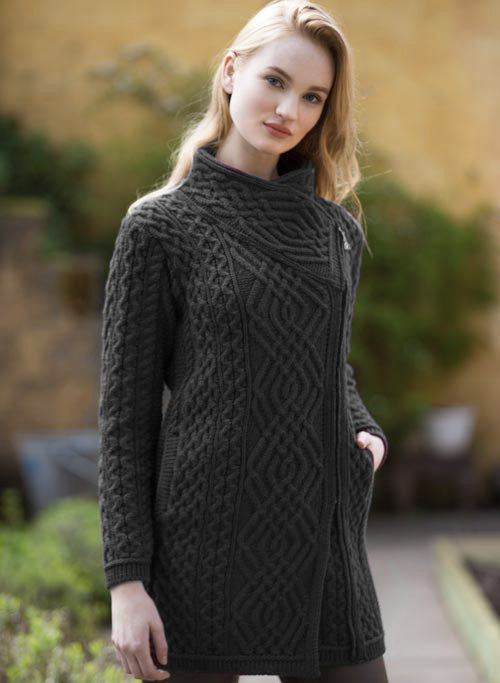 Aran Wool Sweaters for Women:  Long Side Zip Coat made from Merino Wool in Ireland. Buy online at Red Scarf Equestrian Canada