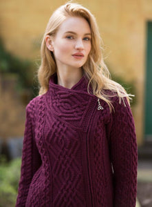 Aran Wool Sweaters for Women:  Long Side Zip Coat made from Merino Wool in Ireland. Buy online at Red Scarf Equestrian Canada