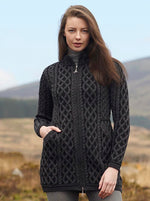 Load image into Gallery viewer,  Aran Wool Sweaters for Women: Long Plated Zip Coat made from Merino Wool in Ireland. Buy online at Red Scarf Equestrian Canada
