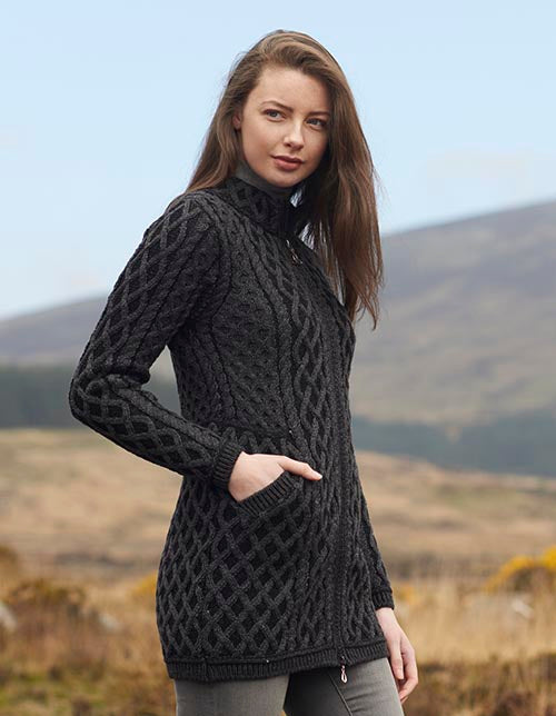  Aran Wool Sweaters for Women: Long Plated Zip Coat made from Merino Wool in Ireland. Buy online at Red Scarf Equestrian Canada