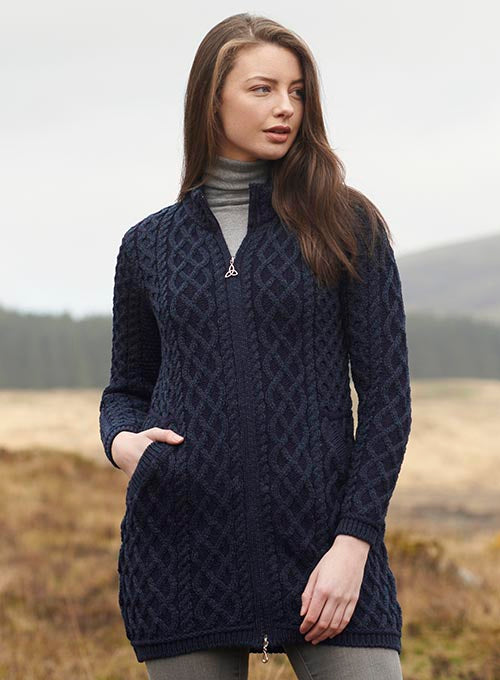  Aran Wool Sweaters for Women: Long Plated Zip Coat made from Merino Wool in Ireland. Buy online at Red Scarf Equestrian Canada