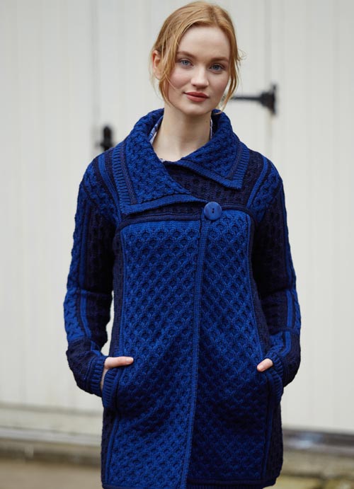 Irish Aran Wool Sweaters for Women made in Ireland: Two-Toned Single Button Plated Coat Sweater made from Merino Wool in Ireland. Buy online at Red Scarf Equestrian Canada