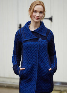 Irish Aran Wool Sweaters for Women made in Ireland: Two-Toned Single Button Plated Coat Sweater made from Merino Wool in Ireland. Buy online at Red Scarf Equestrian Canada
