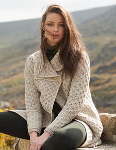 Irish Aran Wool Sweaters for Women made in Ireland: Two-Toned Single Button Plated Coat Sweater made from Merino Wool in Ireland. Buy online at Red Scarf Equestrian Canada