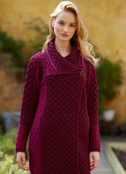 Irish Aran Wool Sweaters for Women made in Ireland: Two-Toned Single Button Plated Coat Sweater made from Merino Wool in Ireland. Buy online at Red Scarf Equestrian Canada