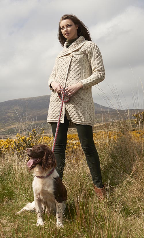 Irish Aran Wool Sweaters for Women made in Ireland: Two-Toned Single Button Plated Coat Sweater made from Merino Wool in Ireland. Buy online at Red Scarf Equestrian Canada