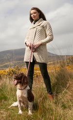 Load image into Gallery viewer, Irish Aran Wool Sweaters for Women made in Ireland: Two-Toned Single Button Plated Coat Sweater made from Merino Wool in Ireland. Buy online at Red Scarf Equestrian Canada
