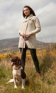 Irish Aran Wool Sweaters for Women made in Ireland: Two-Toned Single Button Plated Coat Sweater made from Merino Wool in Ireland. Buy online at Red Scarf Equestrian Canada